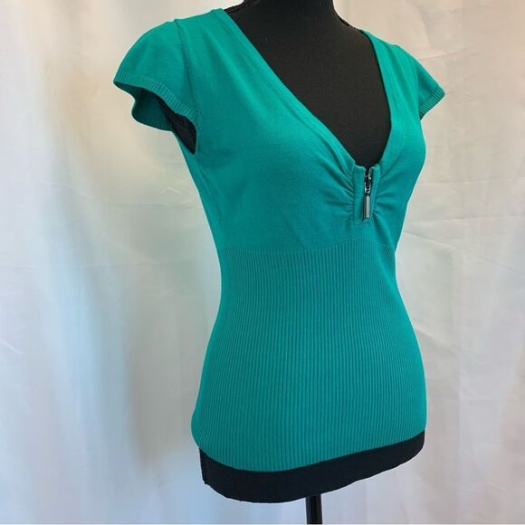 Teal green short sleeve V-neck zip front knit sweater Sz S - Picture 2 of 8